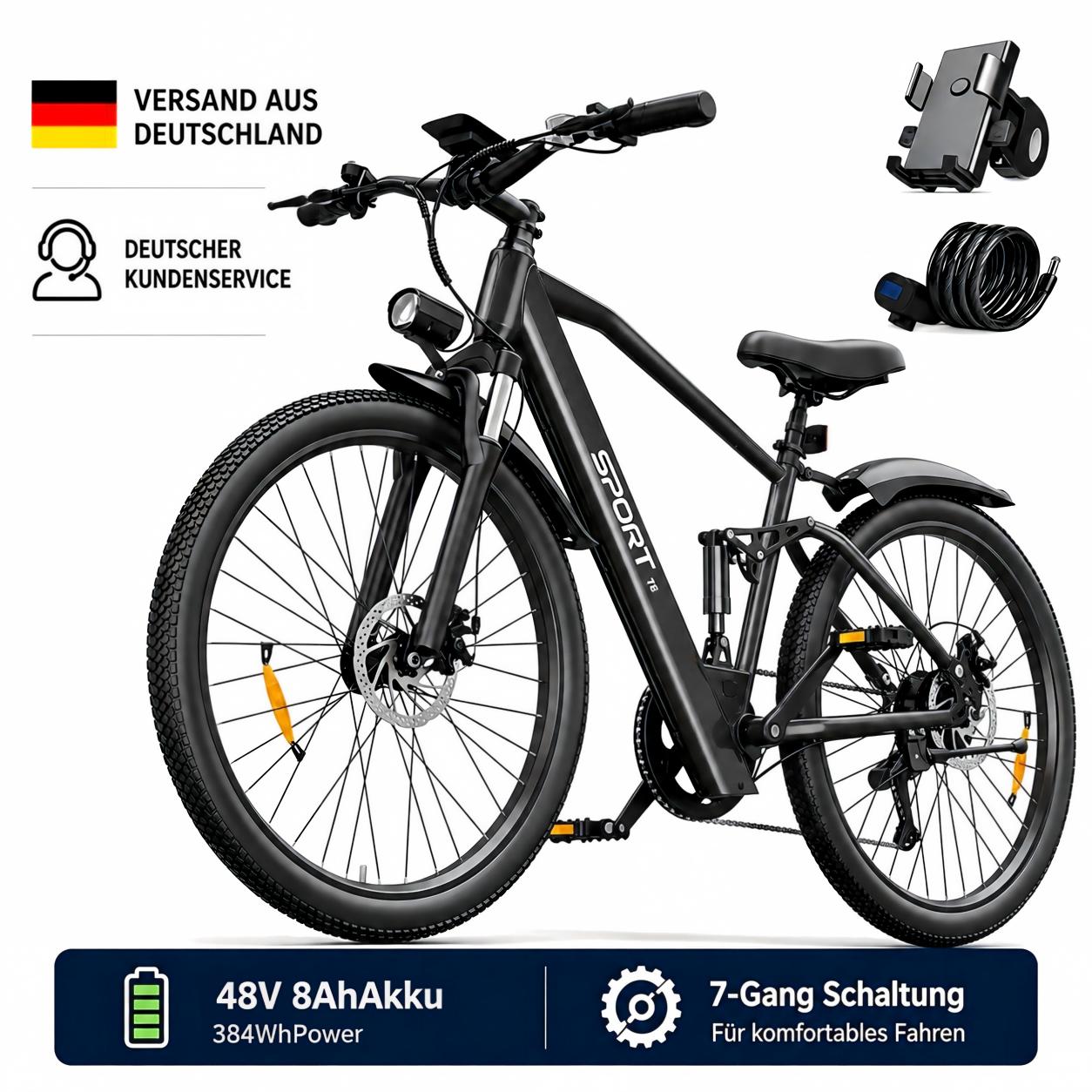 PiXELPiLOT 26 Zoll E Bike, T8 Trekking E-Bikes 48V 8Ah Akku, 25km/h, 7-Gang, Scheibenbremsen, Federgabel