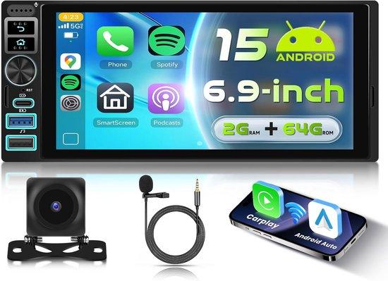 Autosterio mit 6,9 Zoll Bildschirm - Android 15 - Bluetooth und Wi-Fi - Einfache App-Installation