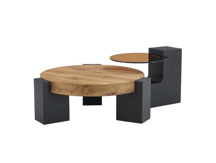 Evryae Couchtisch Glas MDF rund zweistöckig zerlegbar mit Ablage Schwarz 70 cm, Schwarz, Naturfarben, Rund,Rund, 61x30x61 cm, Wohnzimmer, Wohnzimmertische, Couchtische