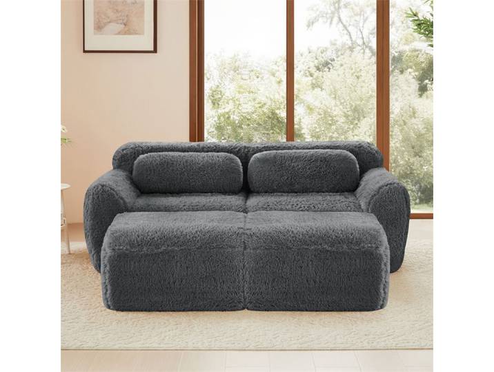 DRIPEX Canapé modulaire deux places avec 2 poufs amovible canapé-lit en tissu peluche doux 204×179×73cm Gris