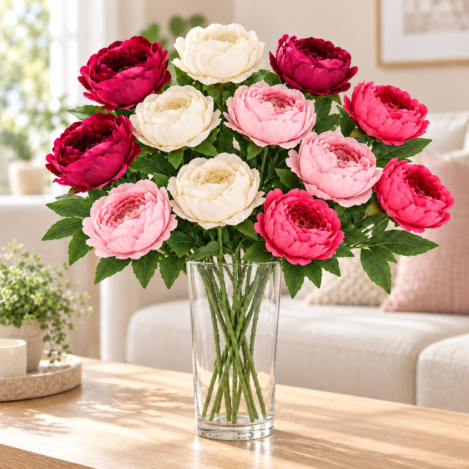 Decoratief boeket van 12 kunstpioenrozen, 68 cm, 4 kleuren