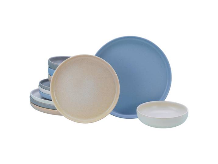 Creatable Tafelservice Uno Nordic, Creme, Grau, Sandfarben, Hellblau, Keramik, 12-teilig, stapelbar, Geschirr, Geschirrsets, Tafelservice