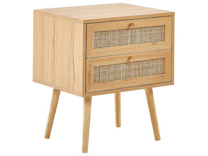 Beliani Nachttisch Rattan hellbraun 2 Schubladen Perote, Hellbraun, Goldfarben, Naturmaterialen, 57x57x48 cm, Schlafzimmer, Nachtkästchen