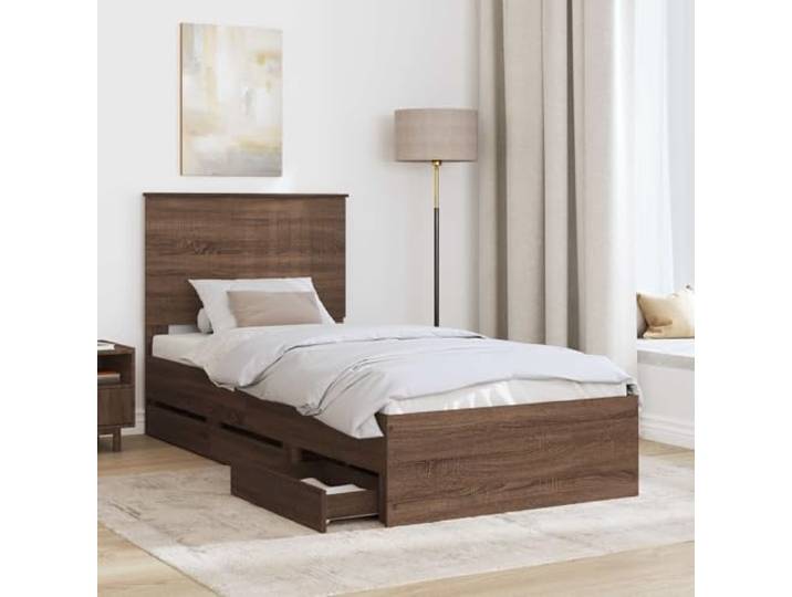 SKTQYQO Bettgestell mit Schublade, Eichenholz, Braun, 90 x 200 cm Technisches Holz, selbsttragendes Design, feste Latten, versteckte Schublade, einfache Wartung