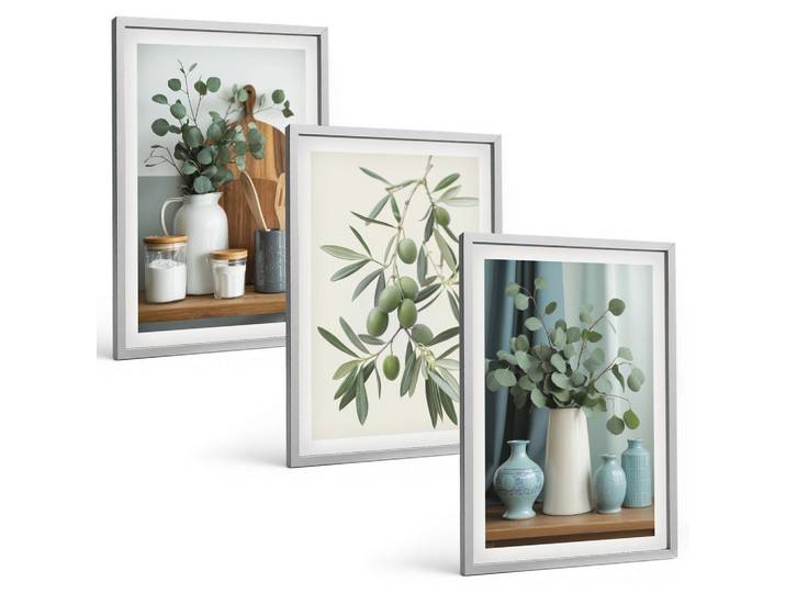 BILDER SET 3er Set - 40x60 cm Silberner Rahmen - Grüne Oliven, Eukalyptus