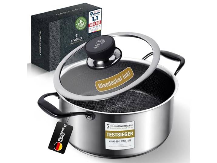 NYORD Edelstahltopf - Antihaft, Kratzfest, Kochtopf Wabenstruktur, Spülmaschinenfest, Hybrid Topf, Keramik Beschichtung, PTFE & PFOA frei, Ofenfest, für Induktion, Gas & Ceran, mit Deckel - 24 cm, 5l