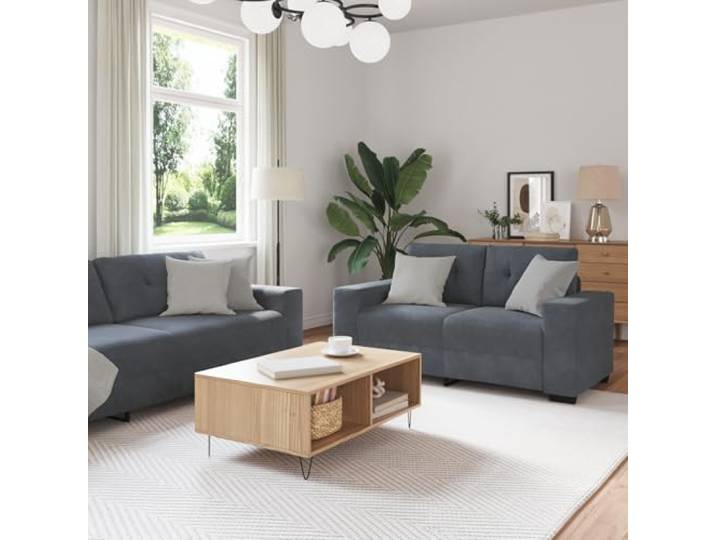 HEFZGDB Dunkelgraue Samt Sofagarnitur mit Kissen 3-TLG. Velour Stoff Polsterung Bequem Modernes Design Wohnzimmer Sessel gemütlich Stilvoll Komfortabel Langlebig