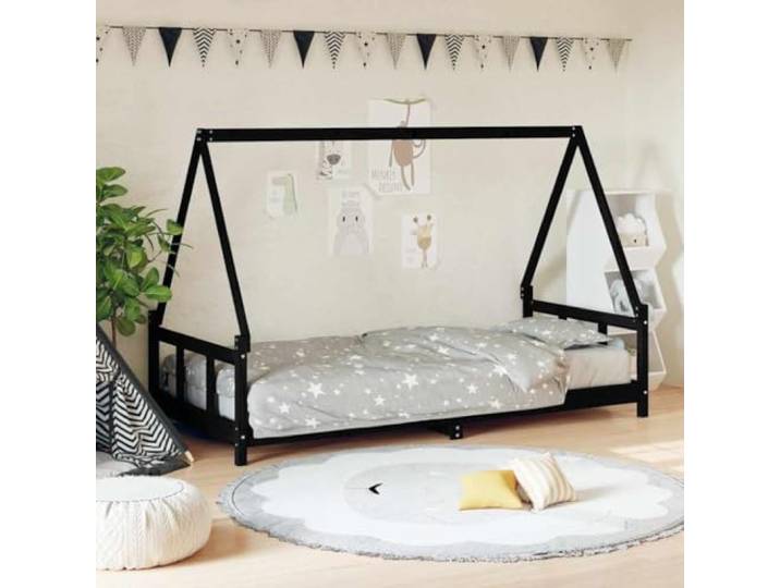 WXGTBKPR Hausbett 90x200 cm Massivholz Kiefer Kinderbett Schwarz Hausförmiges Design, Niedrige Einstiegshöhe, Lattenrost inklusive