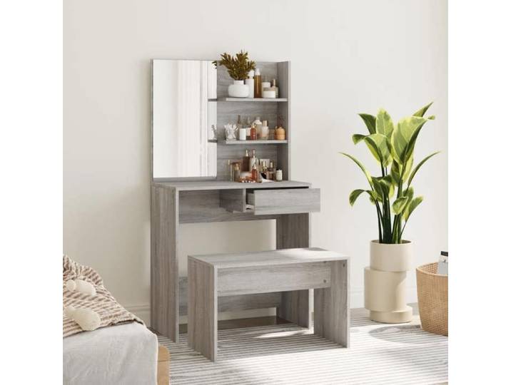Coiffeuse - - Sonoma gris - Bois d'ingénierie - Miroir - Tabouret inclus
