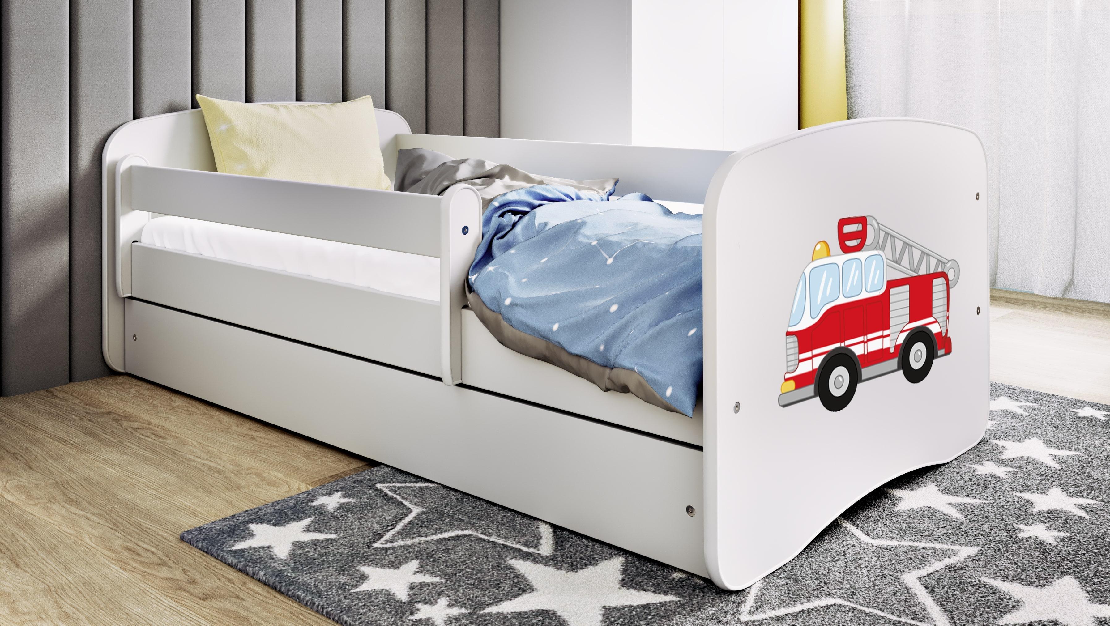 Kinderbett Jugendbett Löschzug 70x140, 80x160, 80x180 cm - Komplettset mit Schublade & Rausfallschutz