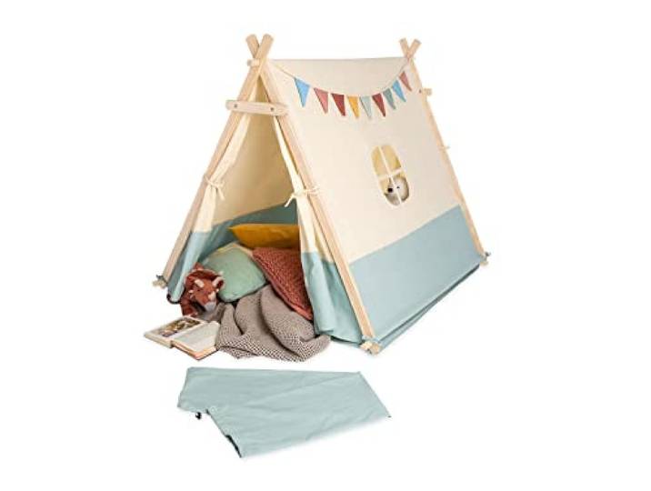 PINOLINO Kinderzelt – Spielzelt Yuma mit Fenster, Bodenmatte & Girlande, Zwei Eingänge, 101×131×106 cm, schnell montiert, naturweiß/Pastellblau