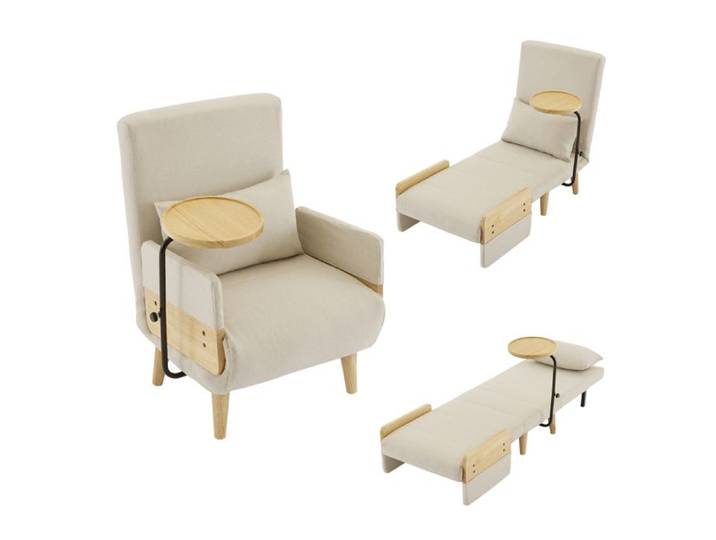 Fauteuil convertible - LANGTU - Fauteuil convertible 3 en 1 - Tissu lin beige - Plateau bois 360° - Dossier 6 positions