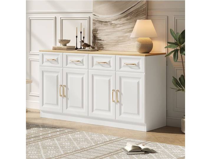 Buffet enfilade 140 cm blanc et chêne – 4 tiroirs 4 portes 2 étagères réglables