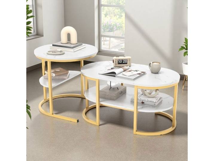 Table basse - Table gigogne ronde duo - Imitation marbre blanc - Structure métal doré - Empilable design épuré