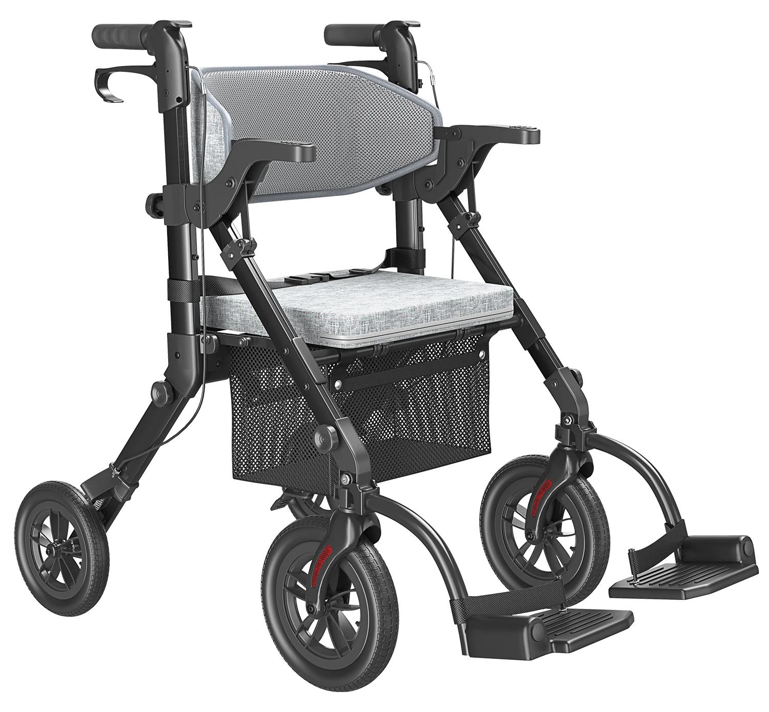 Rollator für Senioren - Rollator Rollstuhl Kombi - Mit Sitz - Leichtgewicht - Faltbar - Transportrollstuhl - Schwarz