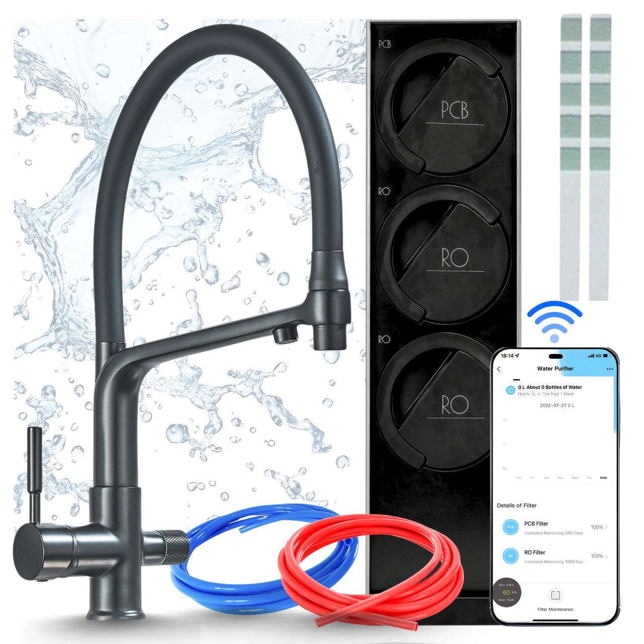 Zweigriff-Küchenarmatur Mit Wasserfiltersystem Ari Flexible, Umkehrosmose 800 Gpd, Wifi, Perlator, 360 Grad Schwenkbar, Messing, Schwarz Matt