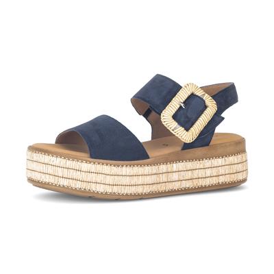 Keilsandalette GABOR, Damen, Gr. 41, Leder, blau (marine), Veloursleder, Schuhe, Plateau, Sandale, Sommerschuh mit dekorativer Zierschnalle aus Bast