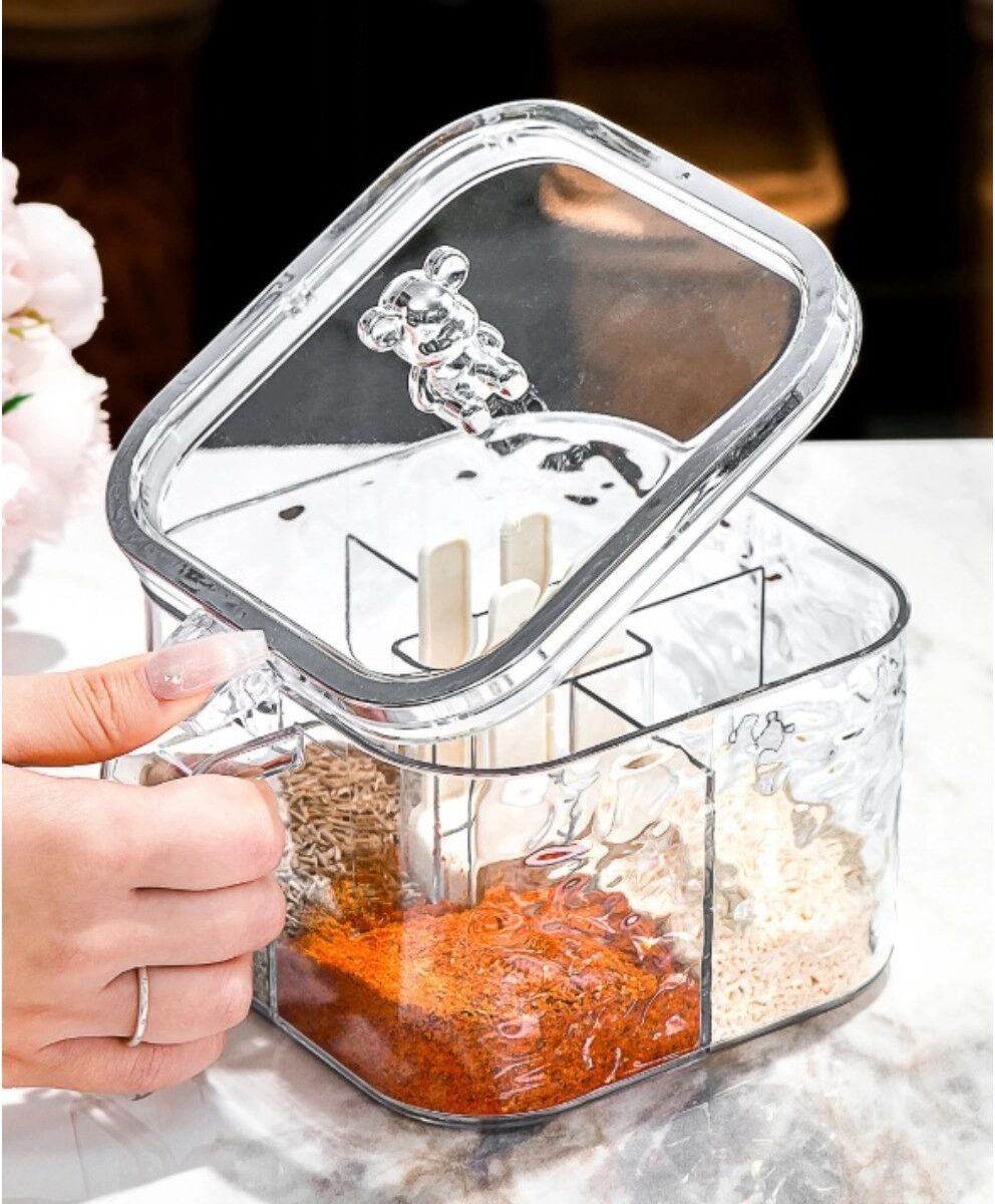 INF 4-in-1 Gewürzbox mit vier Fächern, Bär-Design – transparenter PET+ABS+PP Gewürzorganizer mit Silikon-Dichtungsring Grau