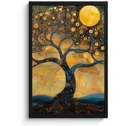 POSTER MIT RAHMENGERAHMTES BILD Baum - Mond - Blumen - Gold - Kunst Bilder mit Rahmen 40x60 cm