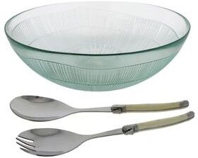 French Home Recycled Glass Birch Salad Bowl and Laguiole Servers with Faux Ivory handles.