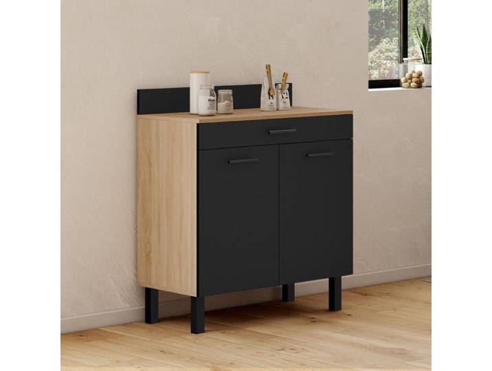 IDMARKET Buffet bas de cuisine 80 cm CINA plan de travail H.83 cm 2 portes + tiroir façon hêtre et noir