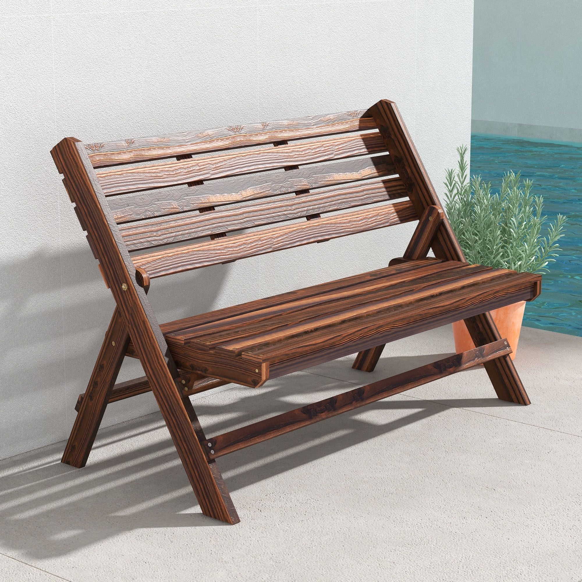 Outsunny Panchina da Giardino da 2 Posti Pieghevole, Panchina da Esterno a Doghe in Legno di Pino, Panca per Terrazza Patio e Cortile, 122x63x83 cm, Carbonizzato   Aosom Italy