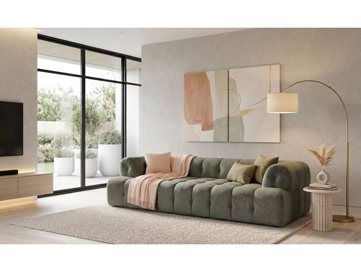 3-Sitzer HOME AFFAIRE APERIRE Design-Sofa, moderne Steppung, Breite 225 cm , grün (oliv), B:225cm H:77cm T:100cm, 100% Polyester, Sofas, mit Wellenunterfederung, gemütlich und modern, komfortables Sitzgefühl