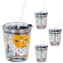 Relaxdays 4er Set Glasbecher Sport-Motiv Blau,Rot,Transparent