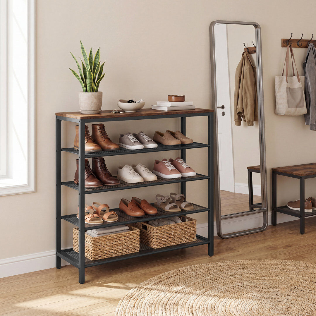 17 Stories Shoe Rack 4 Mesh Shelves Large Surface for Bags Steel Frame Entryway Hallway Closet Industrial Rustic Brown 16
