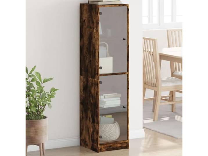 Elegantes Highboard mit Glastüren und Stauraum aus Holzwerkstoff, Modernes Highboard mit Glastüren für die Einrichtung, Weißes mit zur Aufbewahrung für Wohnzimmer in Räuchereiche