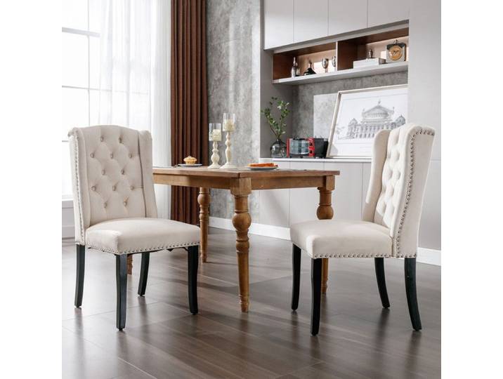 Lot 2 Chaises Salle à Manger Velours Beige chaise de loisirs Salon Pieds Chêne Boutons Chromés Clous Décoratifs Cuisine Chambre