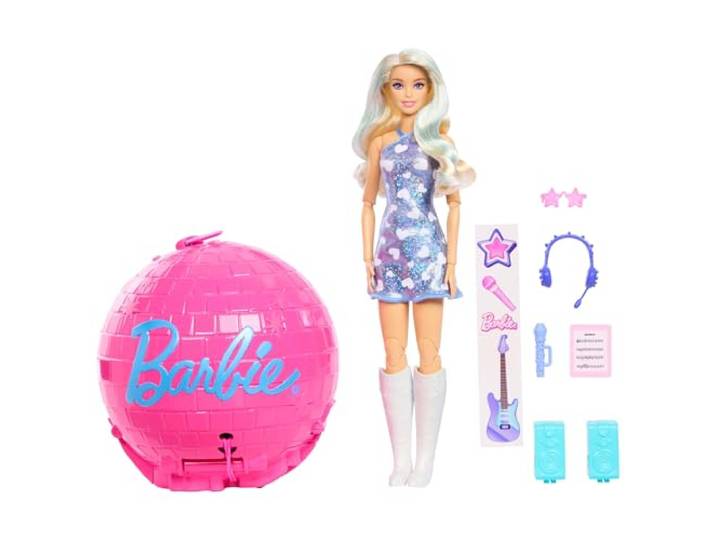 Barbie Team Roll & Reveal Popstar-Puppe mit Zubehör Blonde Fashion-Puppe & 8 Überraschungen mit Disco-Kugel-Hülle, JMK19