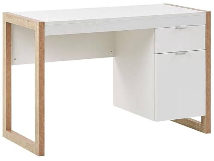 Beliani Schreibtisch Weiß Faserplatte Holzoptik Rechteckig mit Schublade Holzwerkstoff, 1 Schubladen, Melamin, Belastbarkeit 75 kg, 112 x 50 x 76 cm
