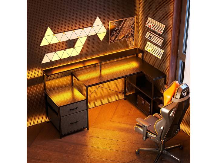 HOMCOM Bureau Gaming en L LED Support Double Écran Bois Noir
