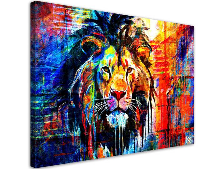 Feeby Leinwandbild Bunter Löwe Abstraktion 120x80cm, Lila, Rechteckig, 120x80 cm, Bilder & Rahmen, Bilder, Leinwandbilder