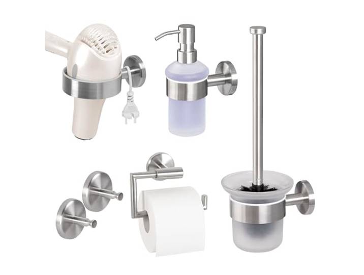bremermann Bad-Serie Piazza - Badezimmer Zubehör-Set 5tlg. bestehend aus 1x Toilettenpapierhalter 1x WC-Garnitur 1x Seifenspender 1x Handtuchhaken und 1x Föhnhalter, Badaccessoires aus Edelstahl matt