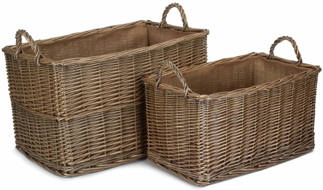 Highland Dunes Rectangular Hessian Lined Wicker 2 Piece Storage Basket Set Antique Wash