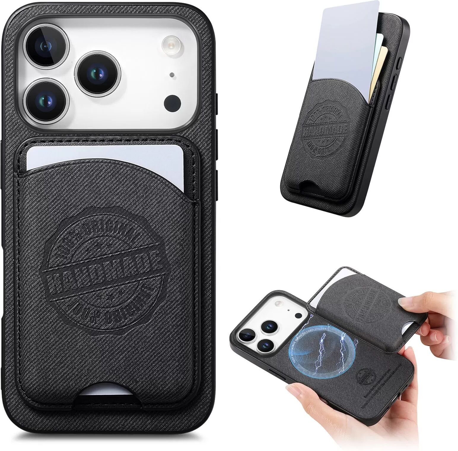 INF Schwarze PU-Leder Magnetische Kartenhalter Hülle kompatibel mit iPhone 17 Pro Max