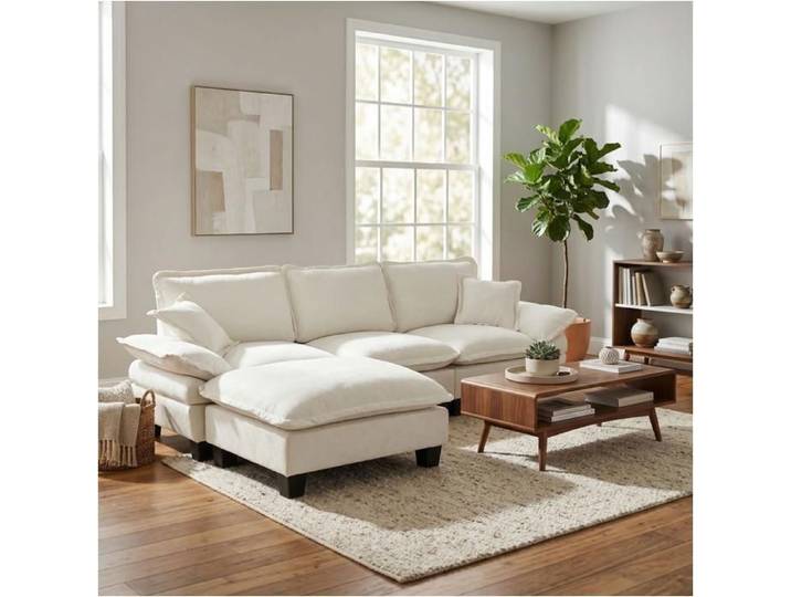 Canapé d'Angle Modulaire  Cloud  - Design Inspiration Voilier avec 1 Ottoman et 2 Coussins - Tissu Chenille Doux - Beige