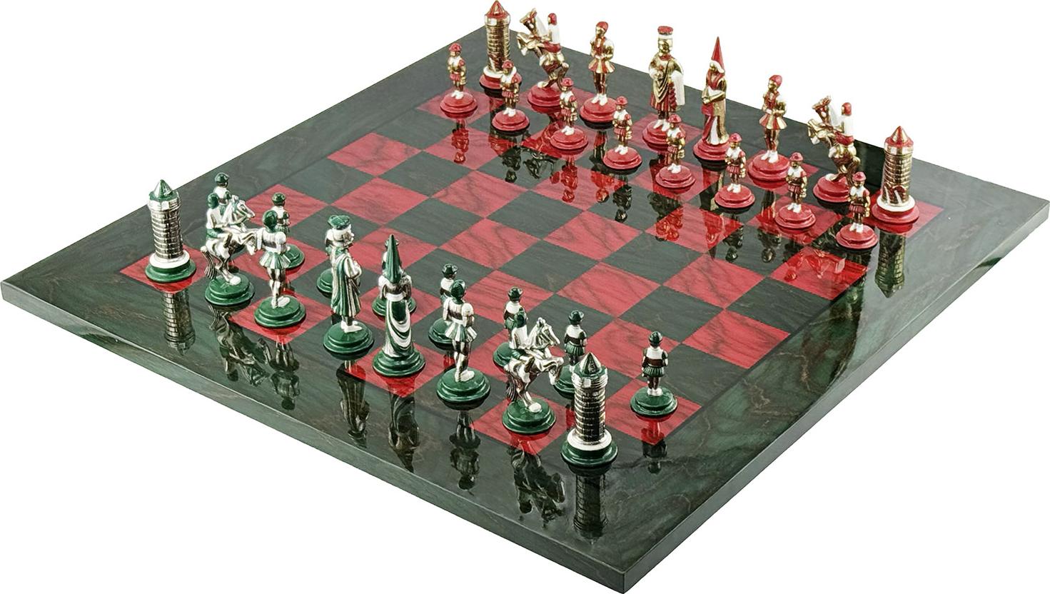 Italienische Schachfiguren Metall handbemalt camelot+Italfama Schachbrett aus Heidekraut & Ahorn Holz