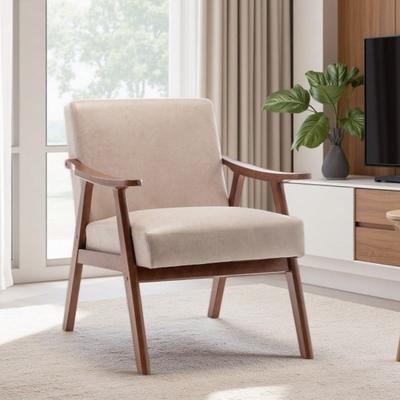 Mid Century Modern Accent Armchair with Solid Rubber Wood Frame, Upholstered Lounge Chair with Thick Cushioned Backrest