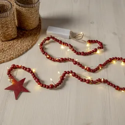 Weihnachtslichterkette ,Beady` mit Holzperlen und Stern in Natur , Batterien + Timer , warmweiß , rot , L 150cm