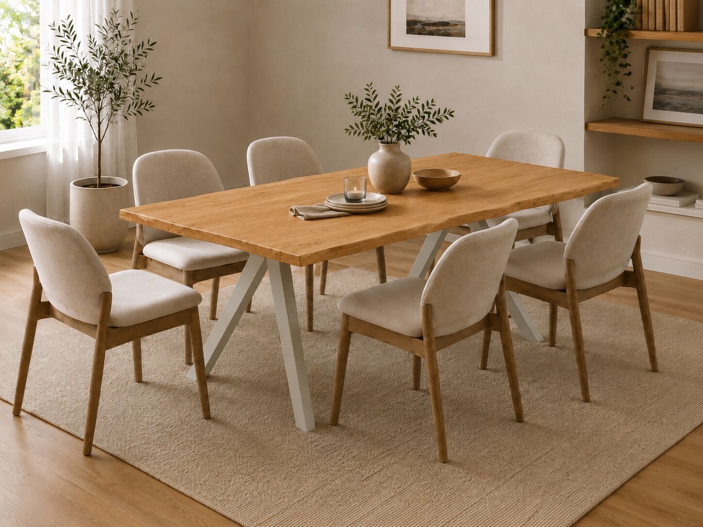 Esstisch GOODPRODUCT "»MONACO« Speisetisch, Küchentisch, Wohntisch, Esszimmertisch", natur, pearl weiß, natur, B:160cm H:75cm T:90cm, Tische, Esstisch, Wildeiche geölt Natur, Baumkante, A-Gestell Pearl White Metall natur, pearl weiß, natur B/H/T: 160cm x 