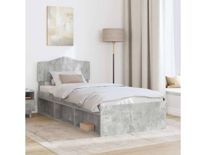 KTHLBRH Bettgestell Grau Beton 75 x 190 cm Kiefer massiv Engineered Holz, Kopfteil inklusive, Modernes Design, Doppelzimmer