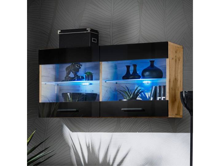 Vitrine Armoire Savona Komodee - LED bleues - Noir Brillant et Bois Naturel - Facades en Brillant - 100 x 50 x 30 cm