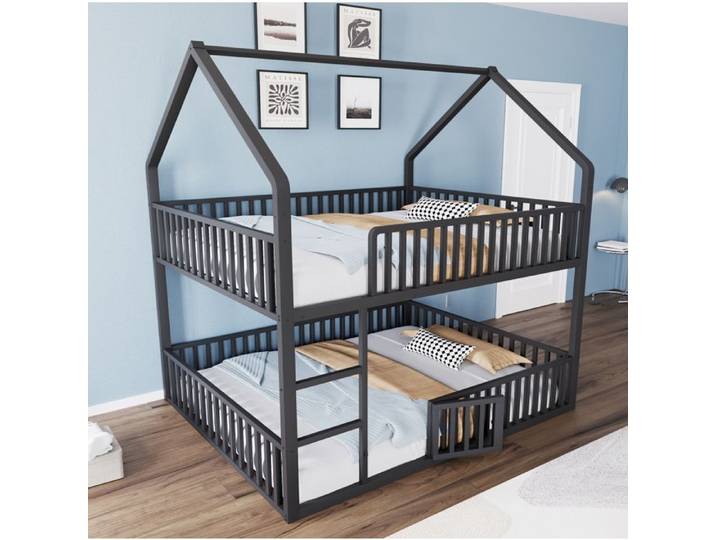 Lit superposé enfant 140x200 cm EVRYAE - structure maison avec échelle avant porte ouvrante et barrières de sécurité - Noir