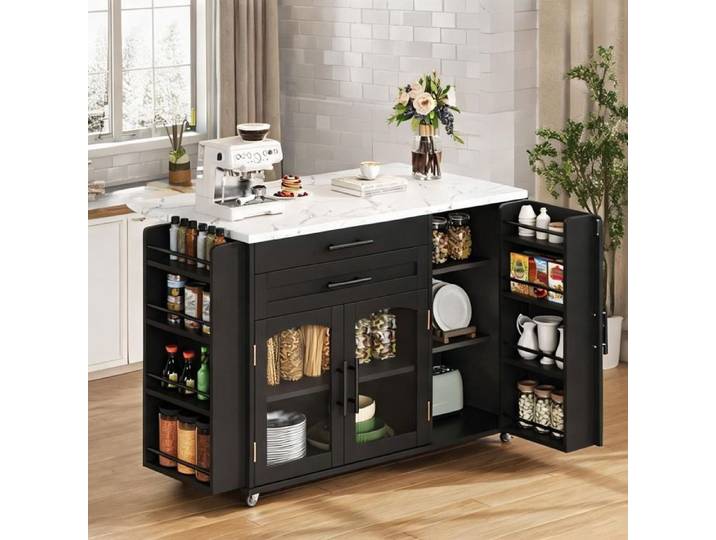 Meuble de cuisine mobile noir mat avec plan rabattable 120x45/70x90 cm 5 roues style industriel