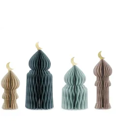 PartyDeco Papierwaben Deko Moschee mit Halbmond 22-33cm 4er Set Wabenfiguren Ramadan Eid Islamische Tischdeko Raumdeko Papierdeko zum Stellen