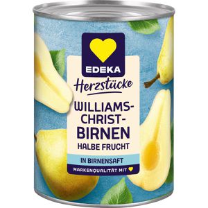 Edeka Obstkonserve Herzstücke Williams-Christ-Birnen in Saft, ohne Zuckerzusatz, vegan, Hälften in der Dose, 410 g