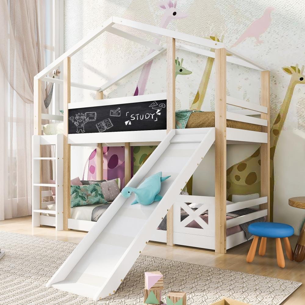 Hochbett für Kinder 90x200cm aus Kiefer-Massivholz und MDF, Kinderbett Baumhaus 90x200 mit Leiter, Rutsche und 2 Lattenrosten in Weiß Natur